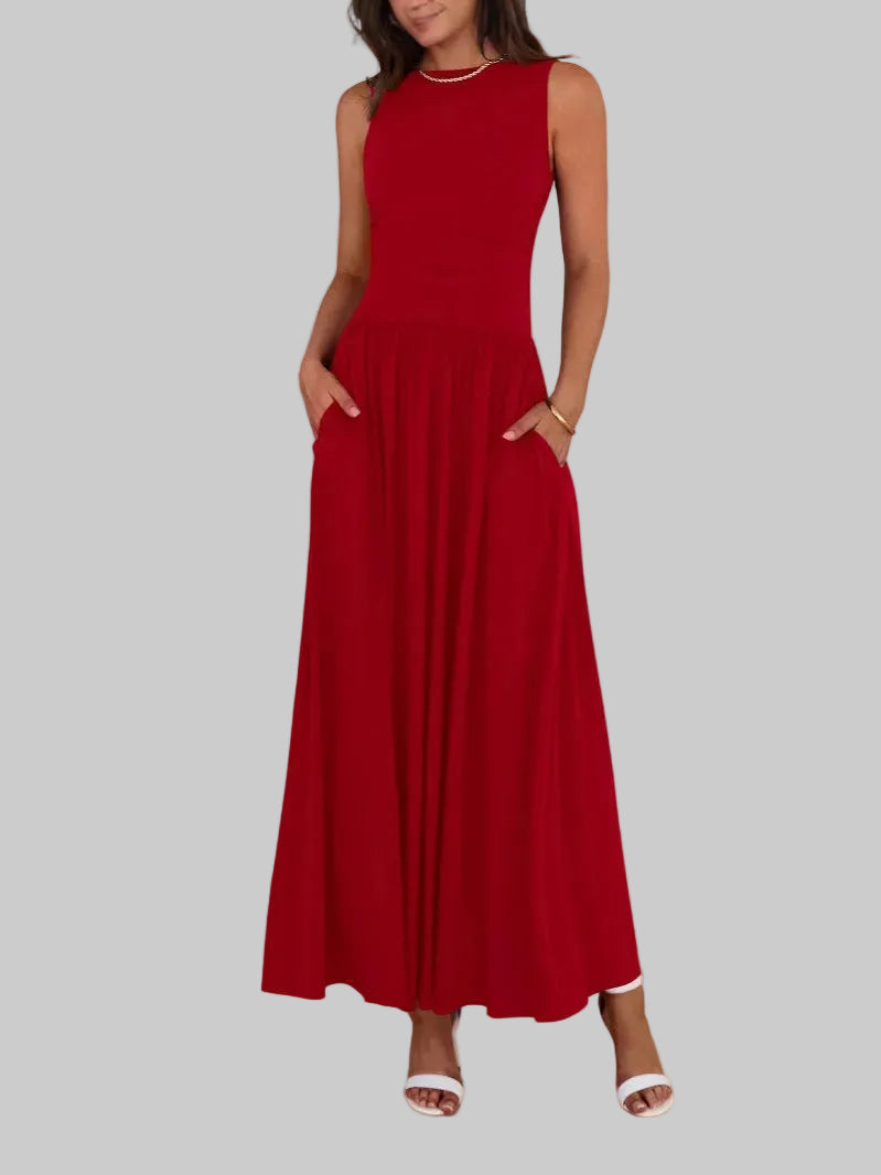 Freya | Schickes ärmelloses gerafftes Maxikleid mit hoher Taille