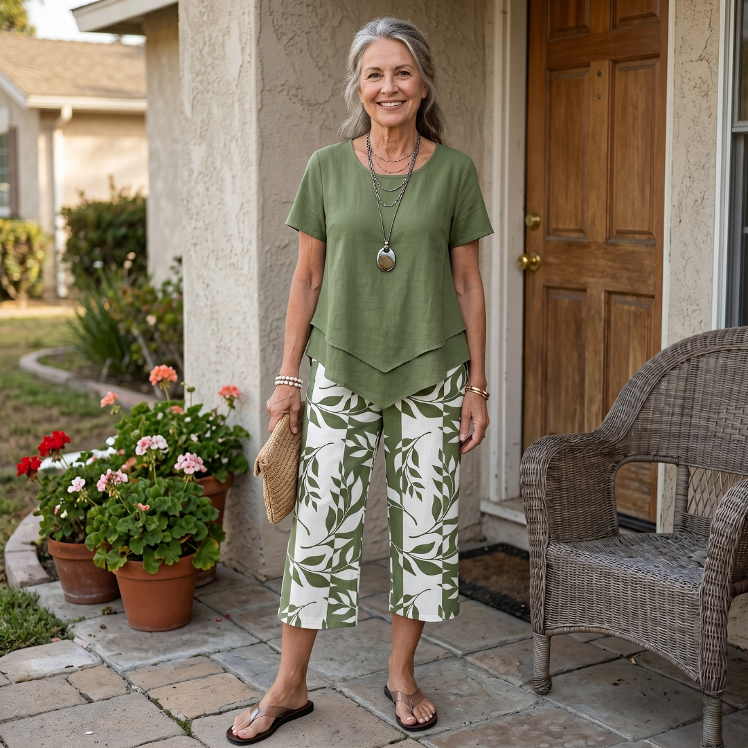 Flora | Lässiges Blätterdruck-Zwei-Teiler-Set